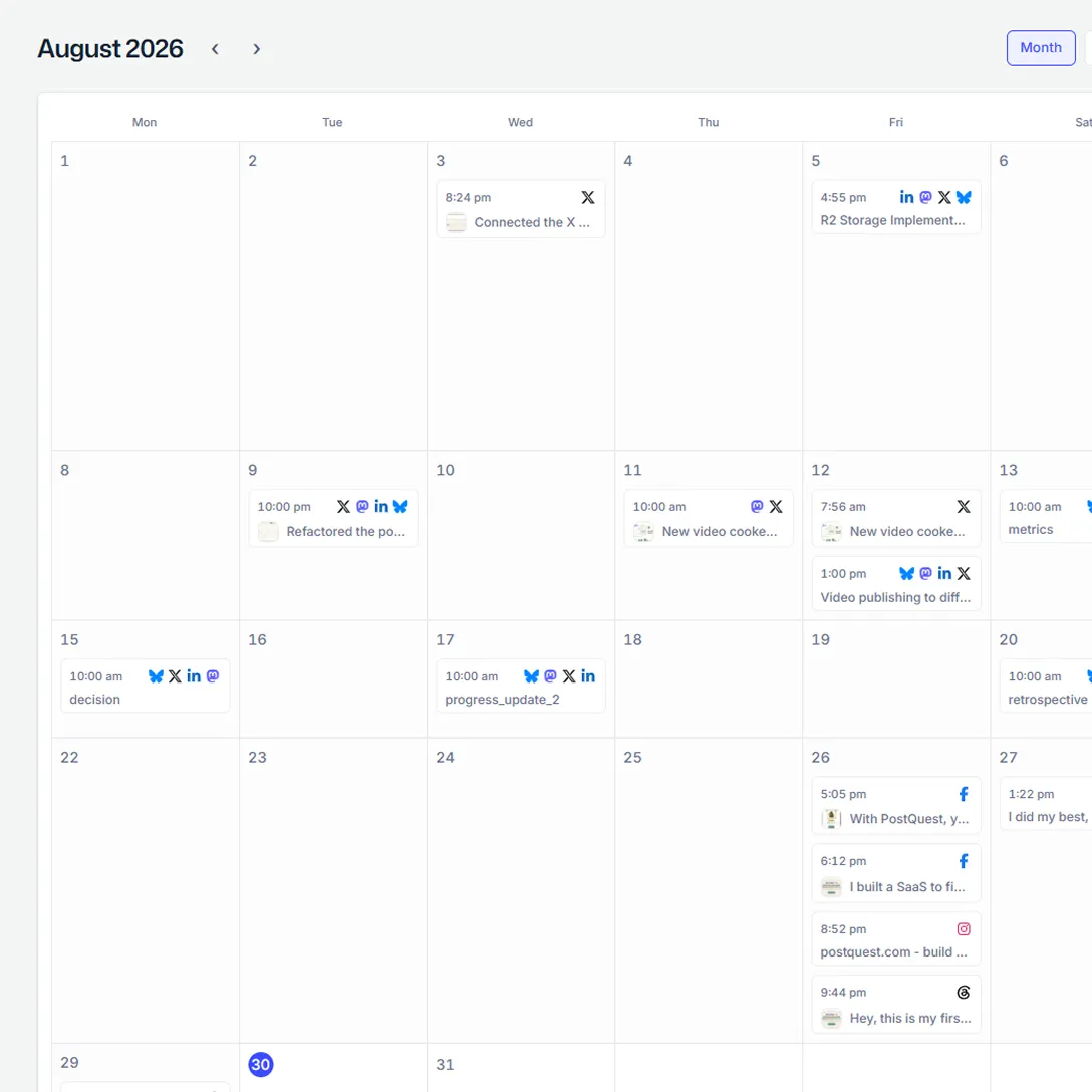 A month of scheduled posts across several networks in the PostQuest calendar.