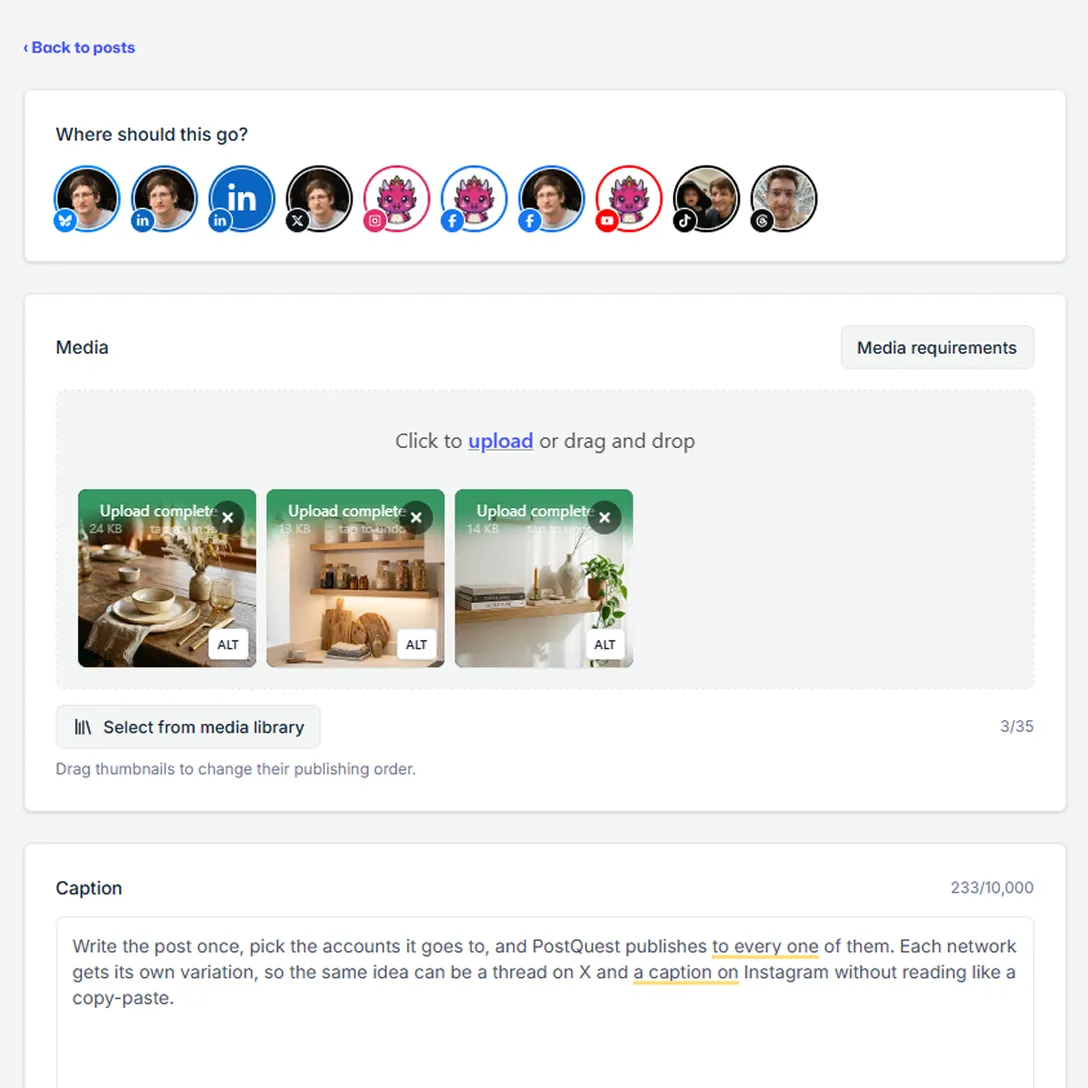 Choosing the accounts a single post publishes to in the PostQuest composer.