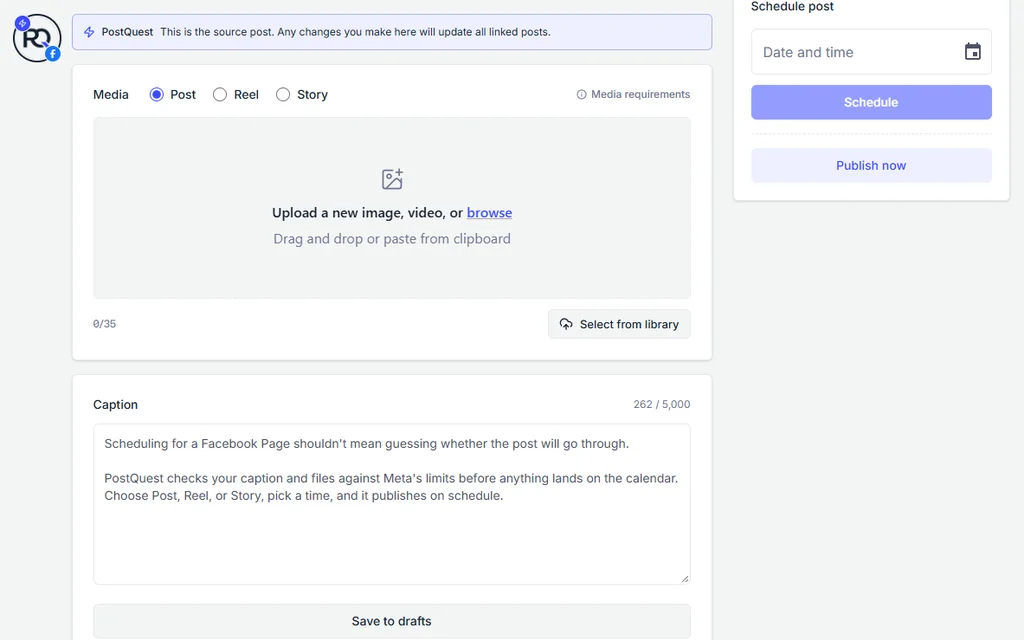 PostQuest composer with the PostQuest Facebook Page selected, Post, Reel, and Story options, and a caption counted against the 5,000-character limit