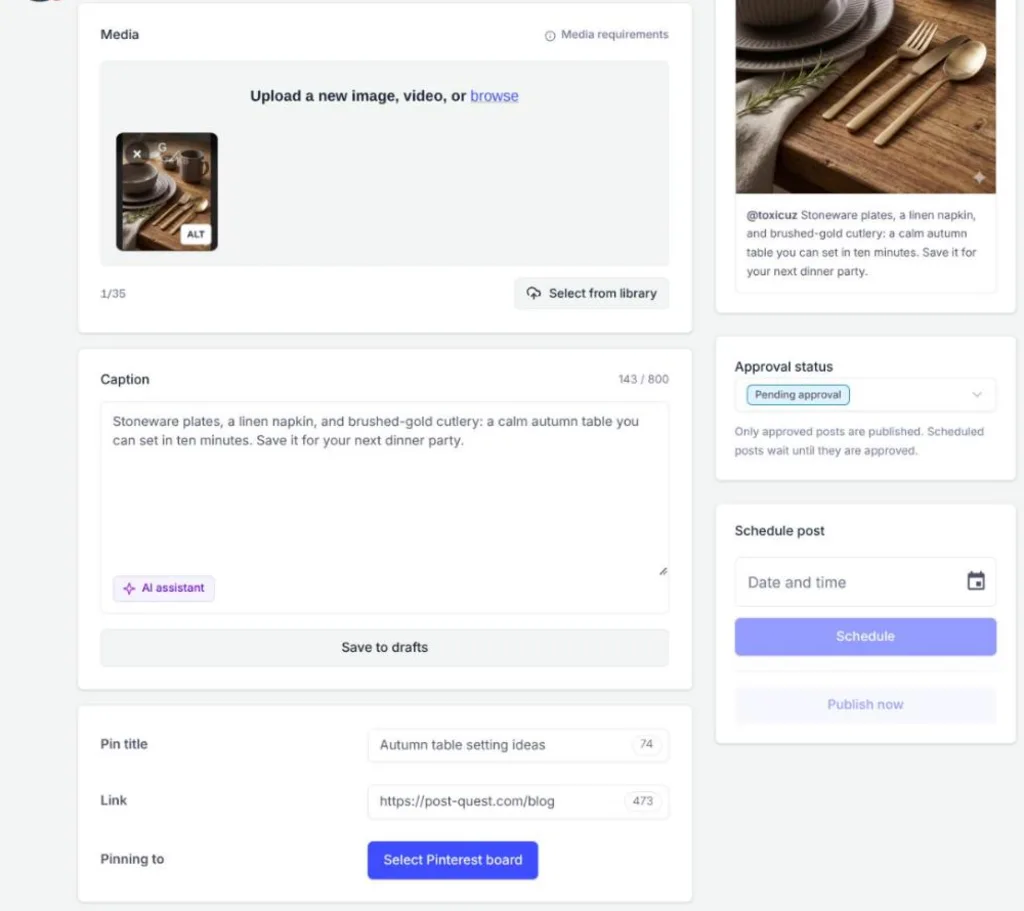 PostQuest composer for a Pinterest Pin with an attached photo, a description counted against Pinterest’s 800-character limit, a Pin preview, the Pin title and link fields, and the Pinning to board picker