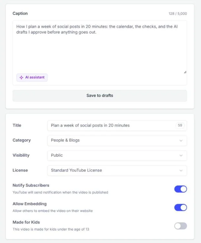 YouTube settings in PostQuest: a description counted against the 5,000-character limit, a title with its 100-character counter, the category, visibility, and license menus, and the Notify Subscribers, Allow Embedding, and Made for Kids switches