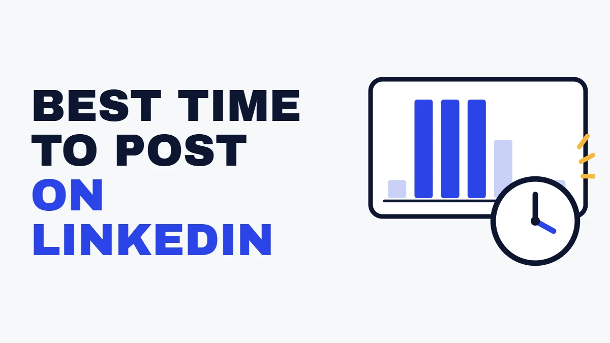 Best time to post on LinkedIn headline beside a weekday bar chart that peaks midweek and a clock