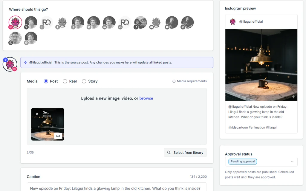 The PostQuest editor with an Instagram account selected: Post, Reel, and Story options above the media panel, one attached photo, a caption counted against Instagram's 2,200-character limit, and an Instagram preview of the post
