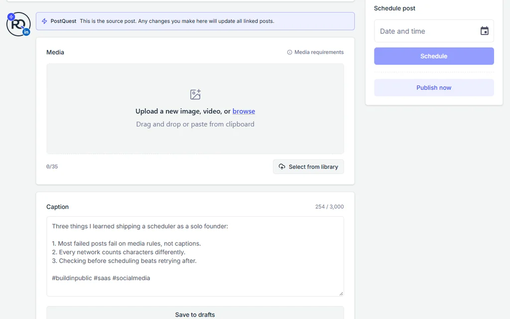 The PostQuest editor with a LinkedIn Page selected as the source post, the media panel, and a caption counted against LinkedIn's 3,000-character limit, next to the Schedule post panel