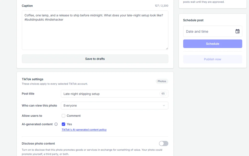 The TikTok settings panel in PostQuest for a photo post: a post title with its 90-character counter, the Who can view this photo menu, the comment toggle, the AI-generated content checkbox with a link to TikTok's policy, and the commercial content disclosure switch