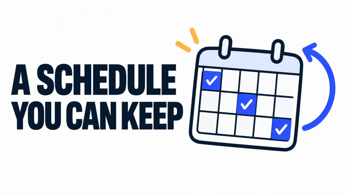 A Schedule You Can Keep beside a weekly calendar with three checked posting days