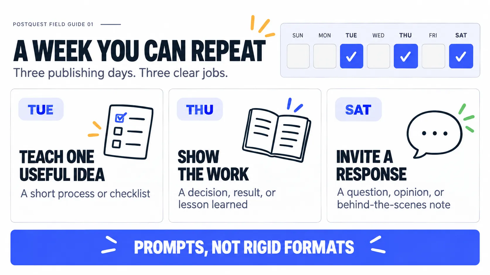 PostQuest field guide showing a repeatable three-day social media schedule: teach one useful idea on Tuesday, show the work on Thursday, and invite a response on Saturday.